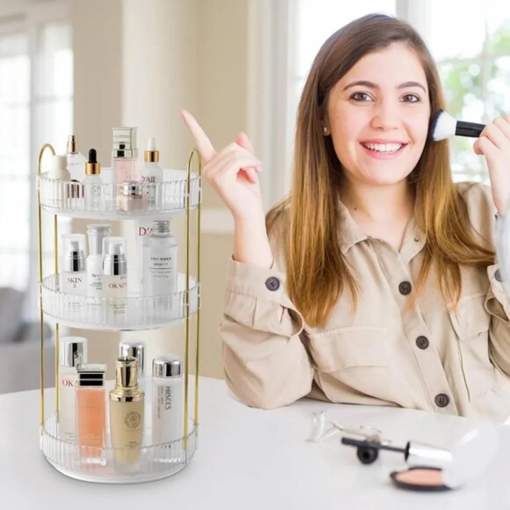 New Rotating Makeup Organizer, 3-Tier Clear Vanity & Skincare Storage - White